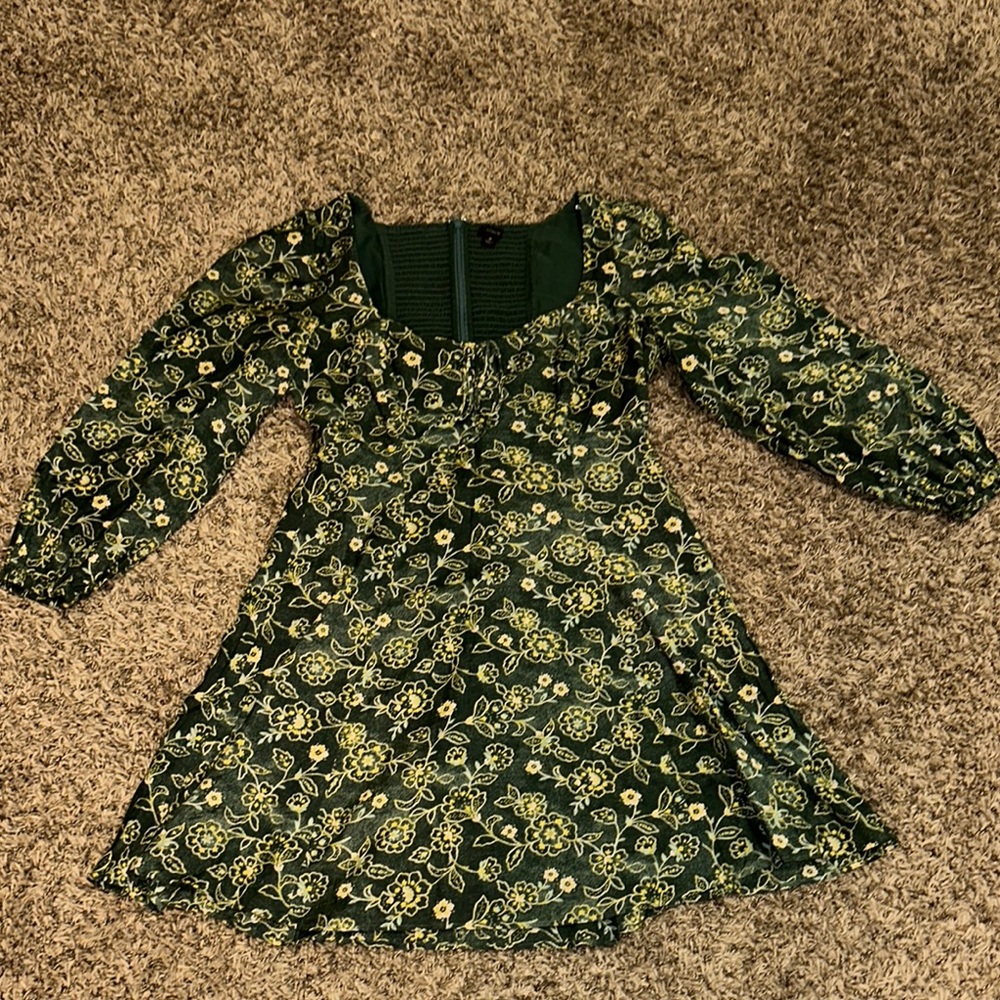 J.Crew Floral Green Mini Dress with Long Sleeves